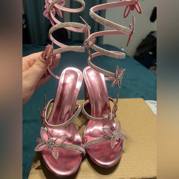 Pink Strappy Heels with Rhinestone Accents - Picture 6 of 9